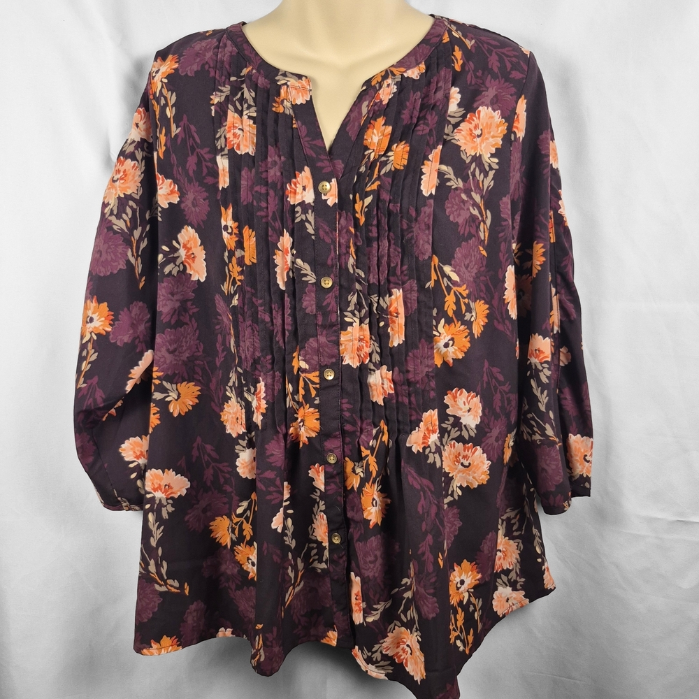 Croft & Barrow Floral Blouse Womens XL Burgundy Orange Boho Fall‎ Top